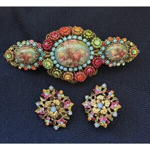 Vintage Michal Negrin Colorful Crystals Floral Hair Clip & Clip on Earrings Set